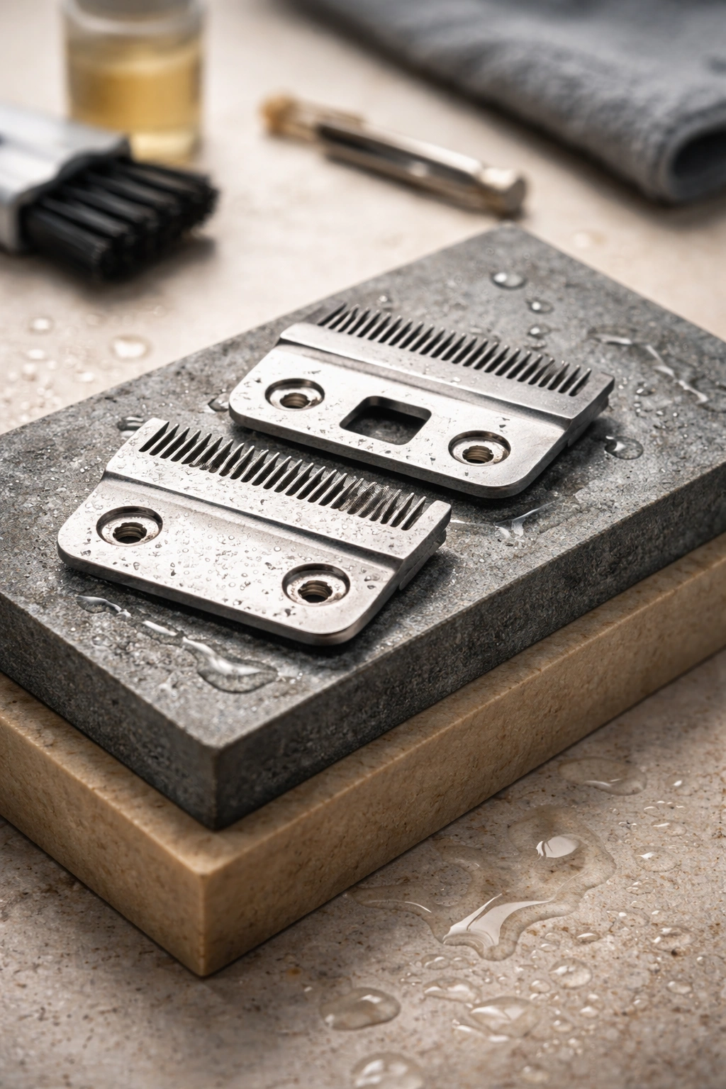 Close-up of detached hair clipper blades on a sharpening stone ready for sharpening