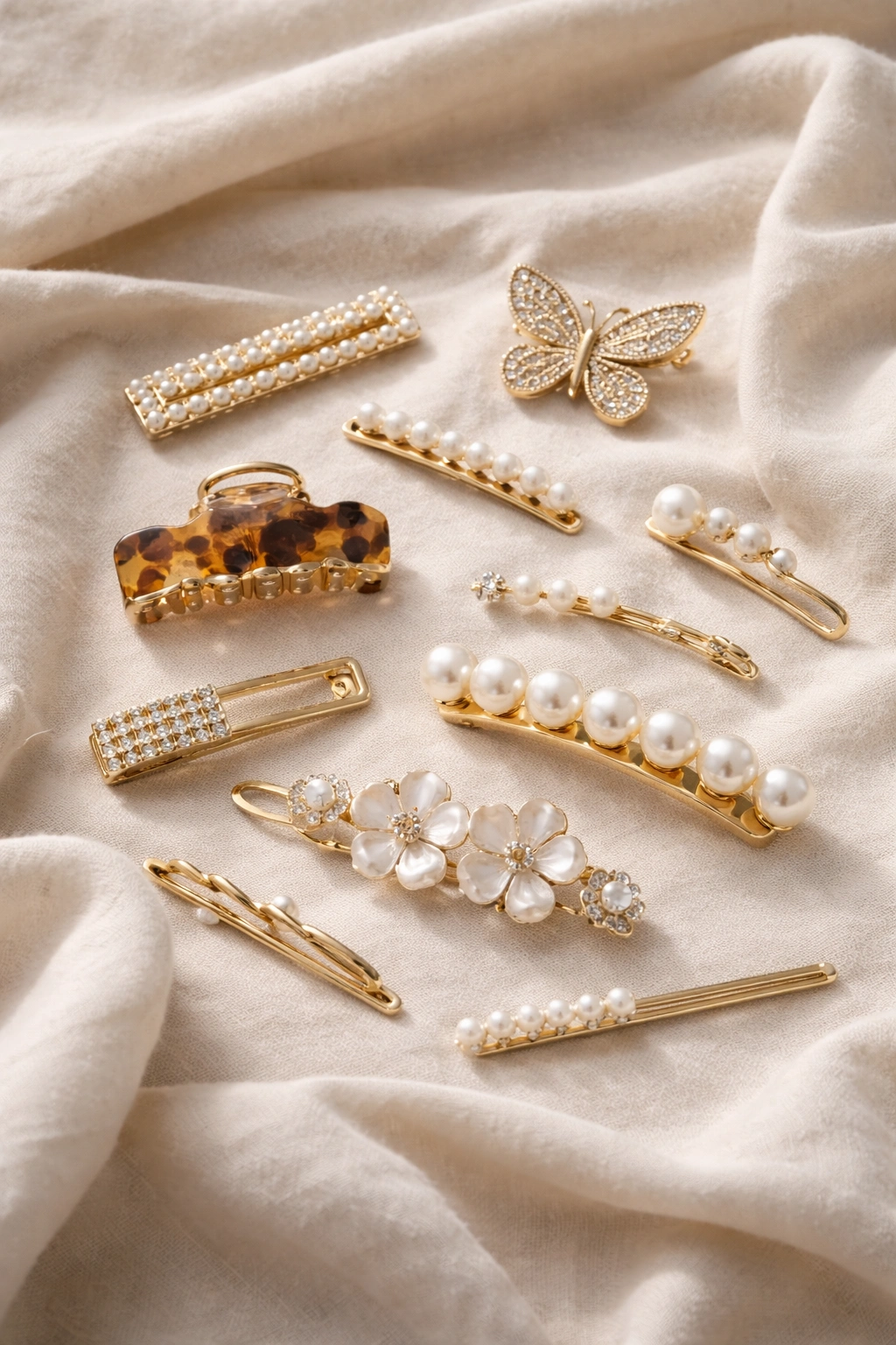 Still life of assorted hair clips arranged on fabric