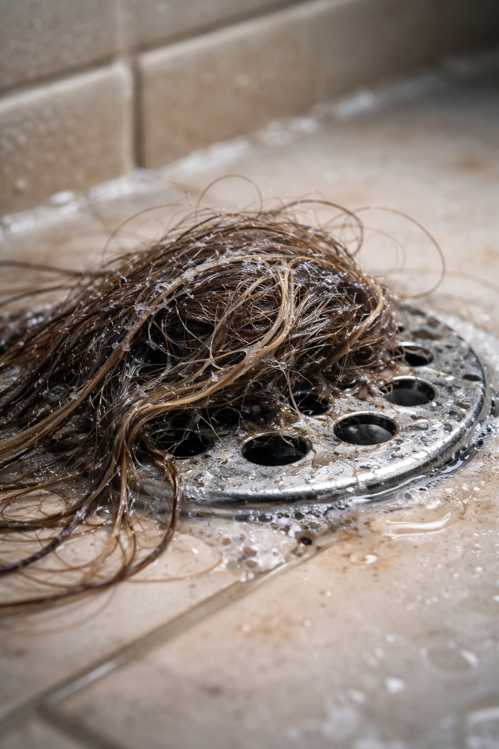 Close-up of a damp hair clog tangled around a metal shower drain