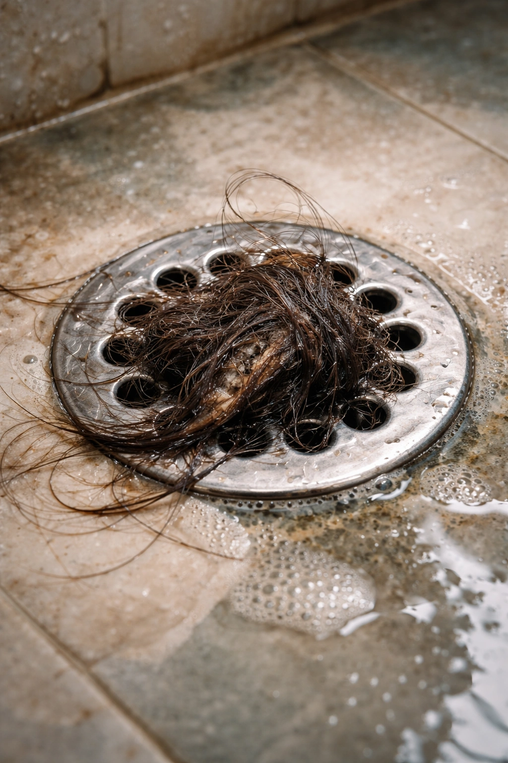 Close-up of a hair clog in a shower drain with standing water and damp tiles.