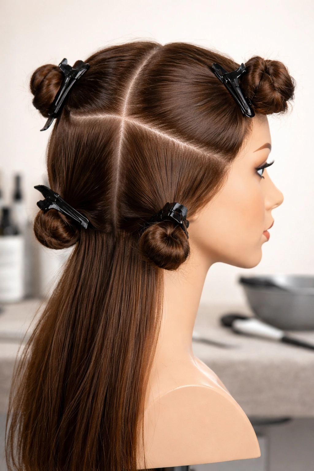 Mannequin head with four hair sections prepared for color application