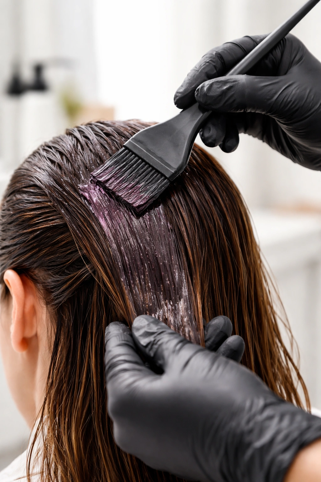 Hand applying color to damp hair with a brush in a controlled setting