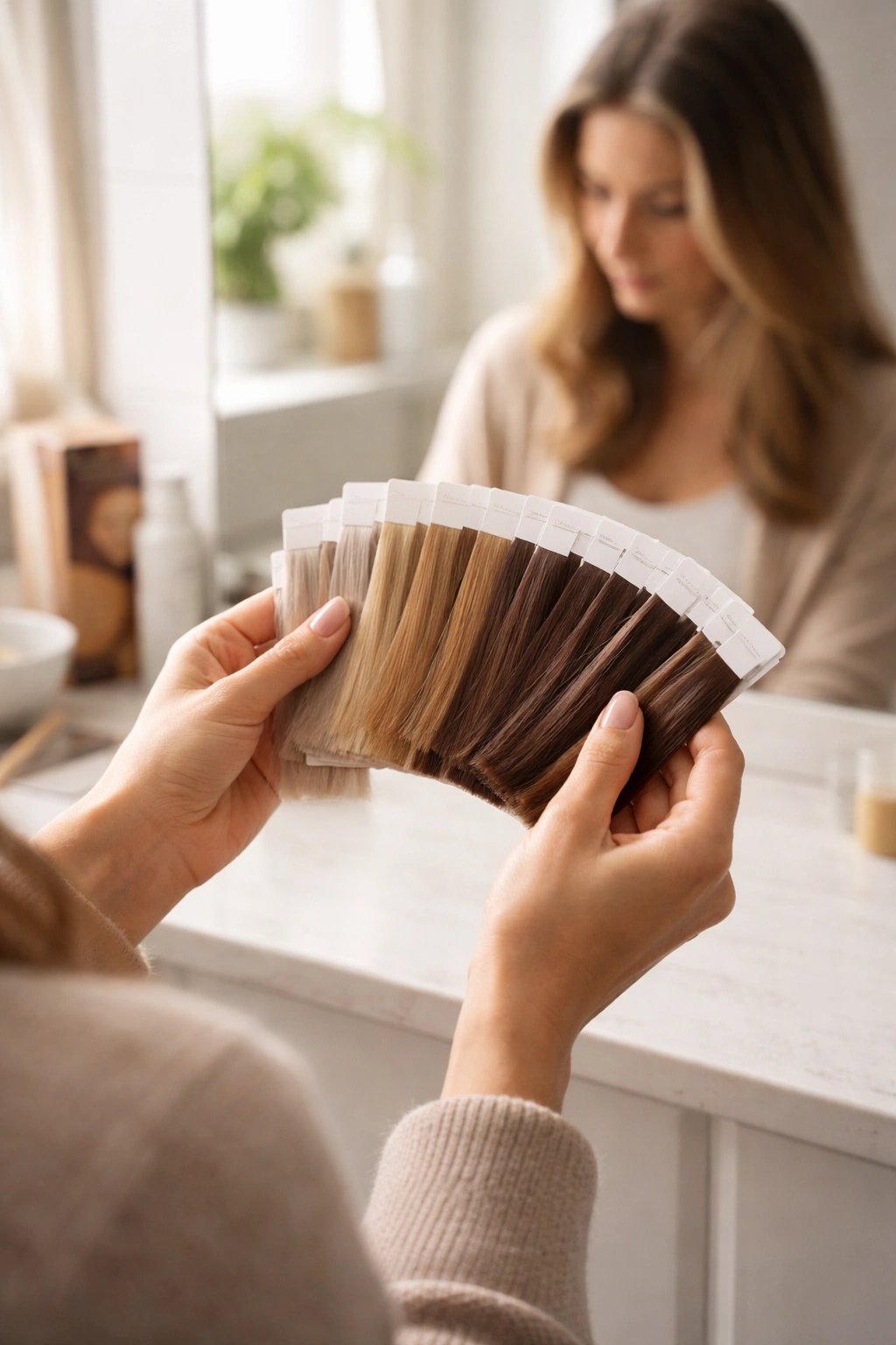 Person comparing hair color swatches in natural light