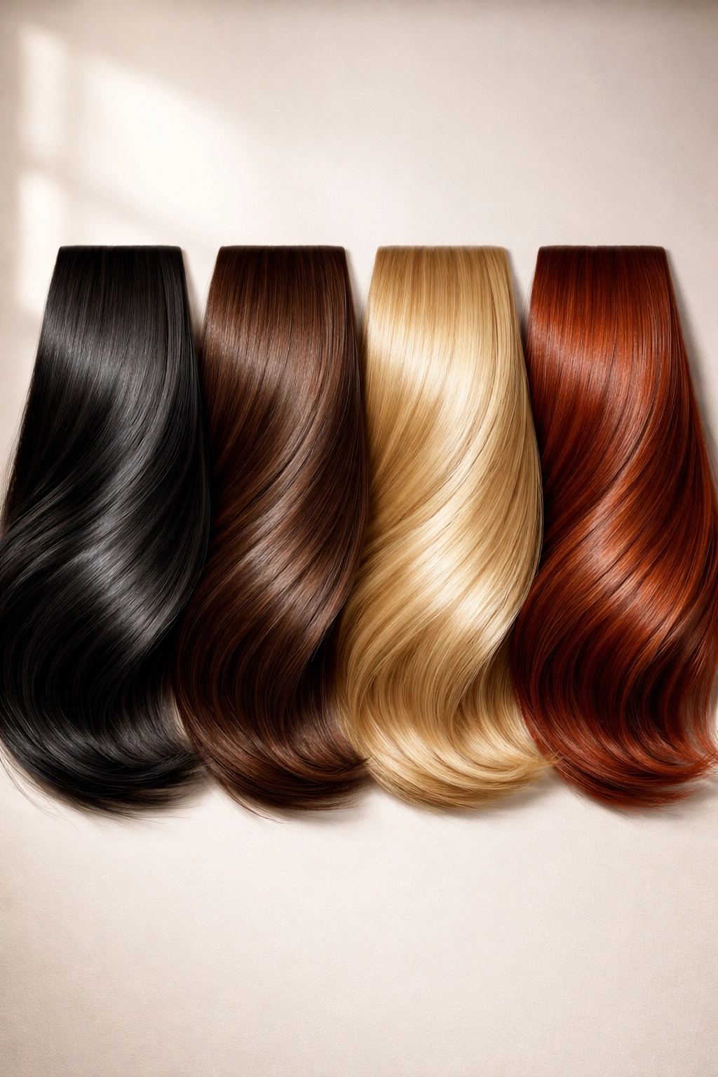 Close-up of four hair color swatches: black, brown, blonde, and red in a studio setting