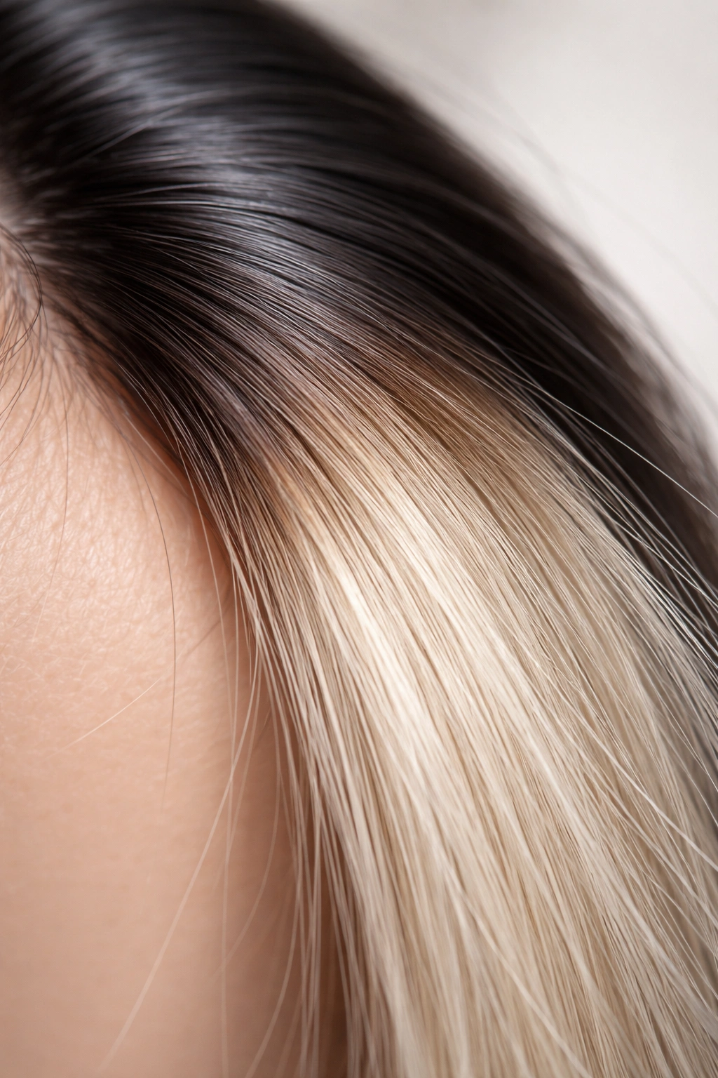 Hair strand showing color change from dark to lighter tones
