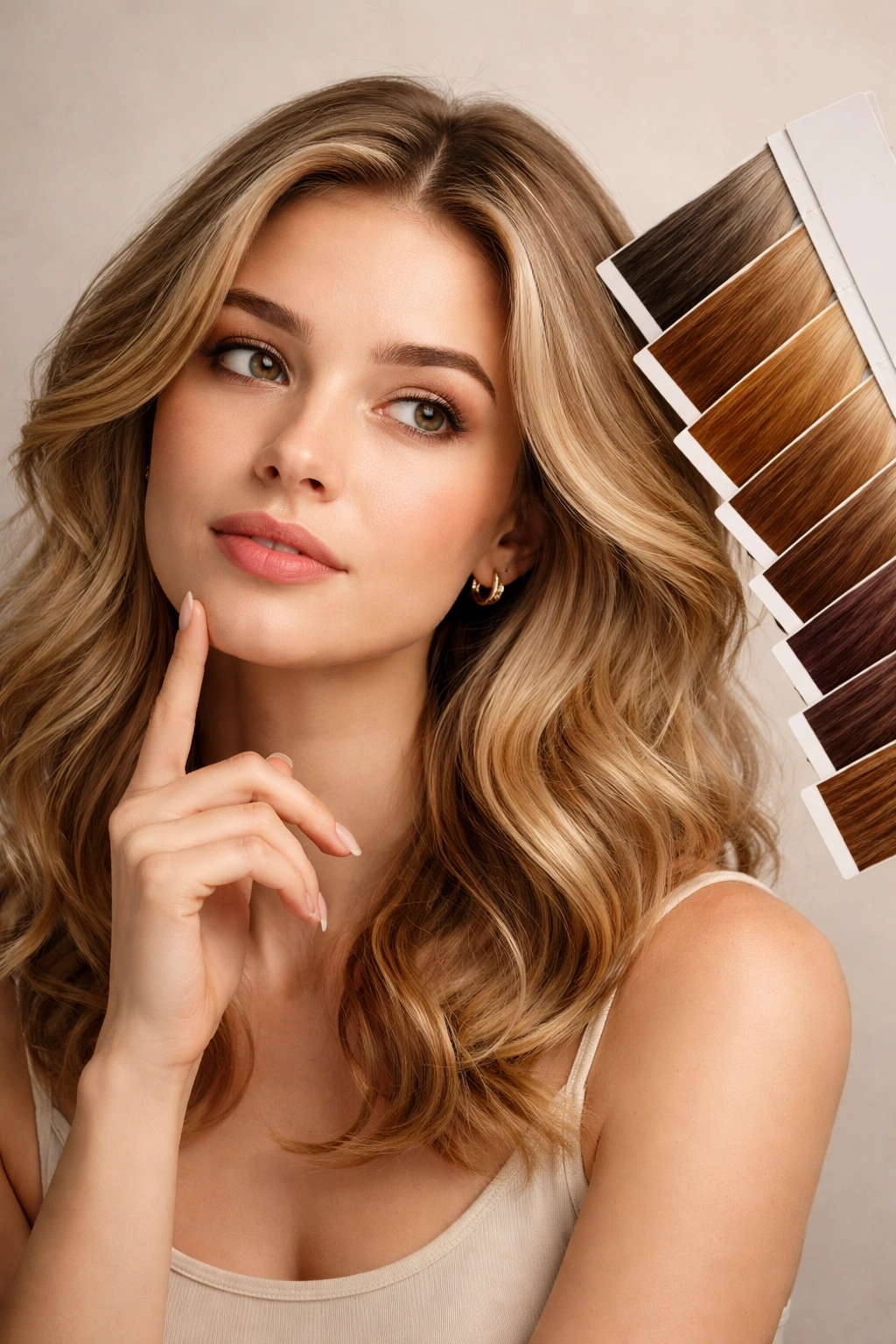 Thoughtful portrait with color palette near hair indicating consideration of color change