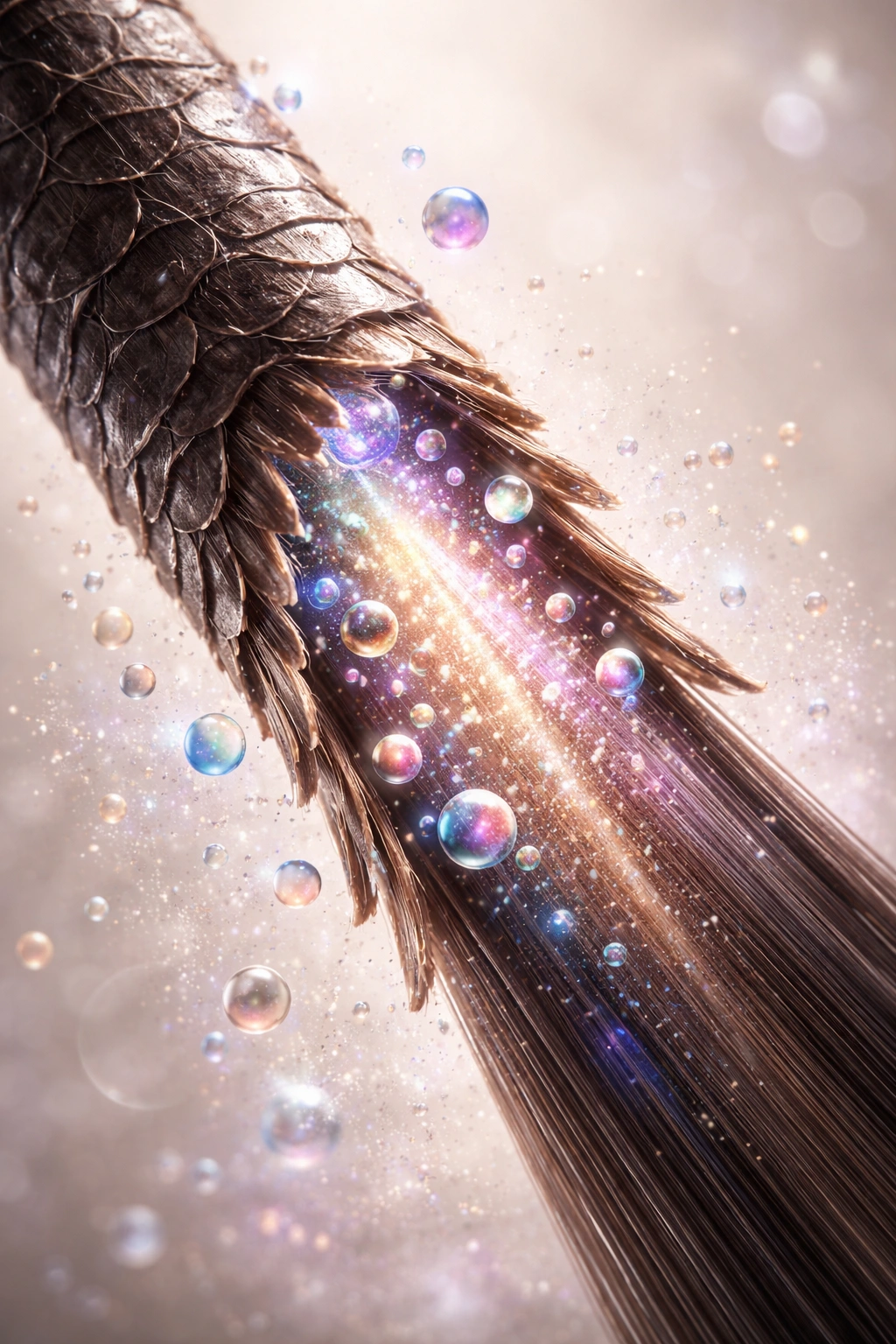 Macro hair strand showing color molecules entering the cuticle during developer activation