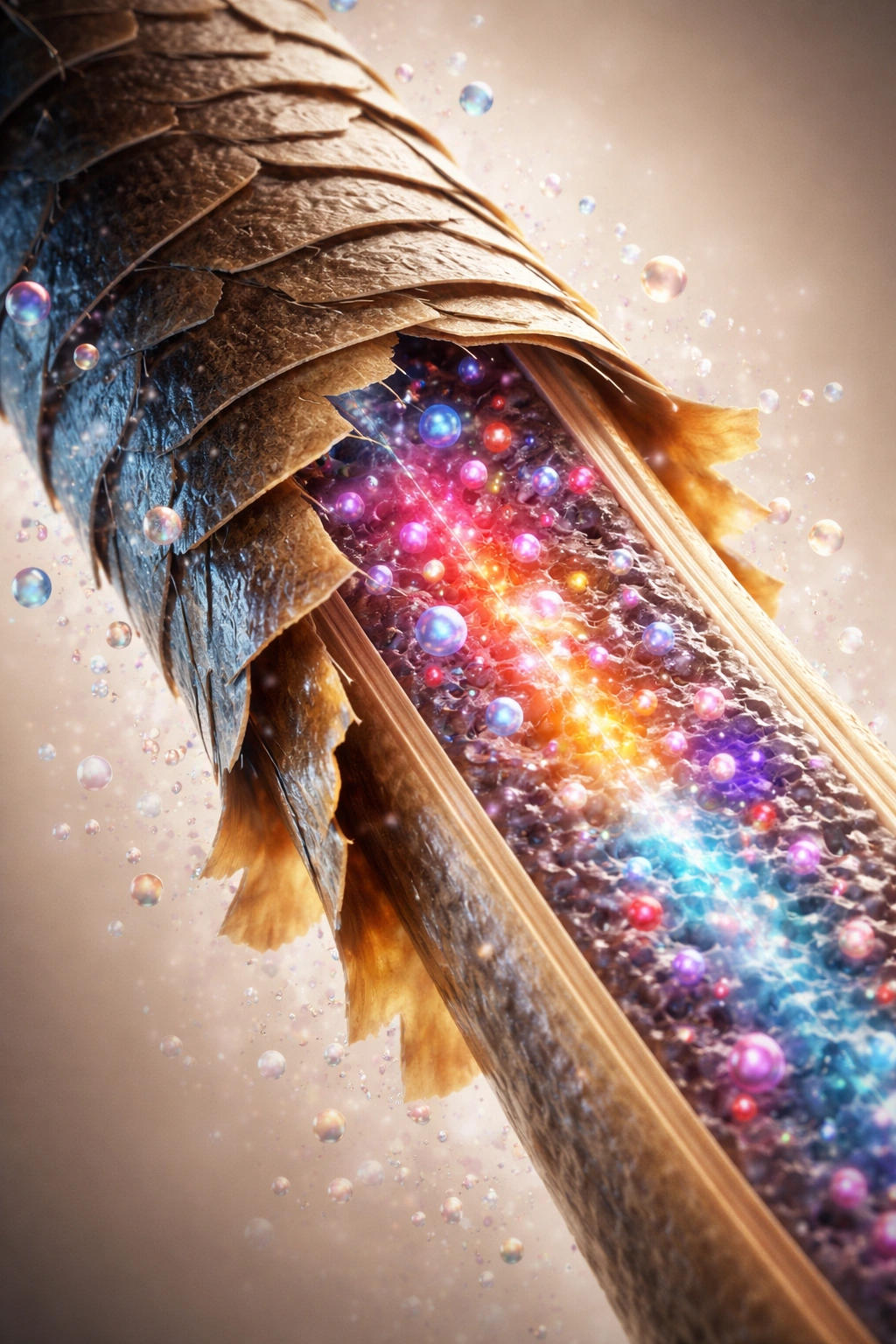Close-up cross-section of a hair strand showing lifted cuticle and pigment entry