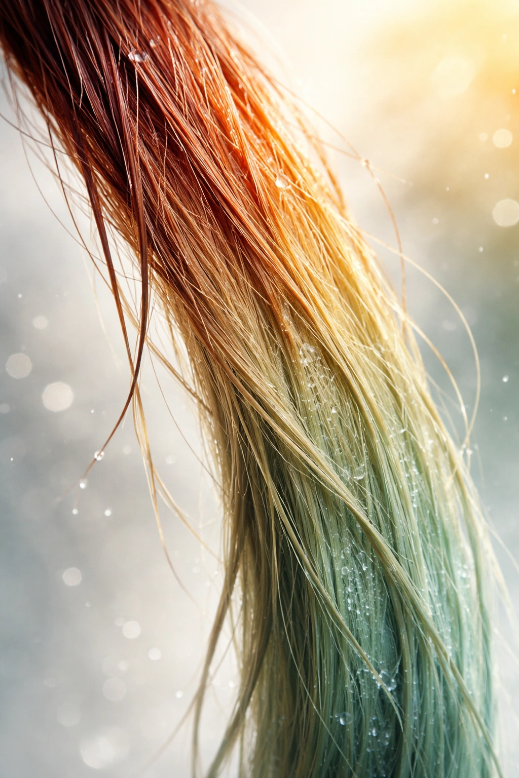Hair strand with fading color due to chlorine and sun exposure