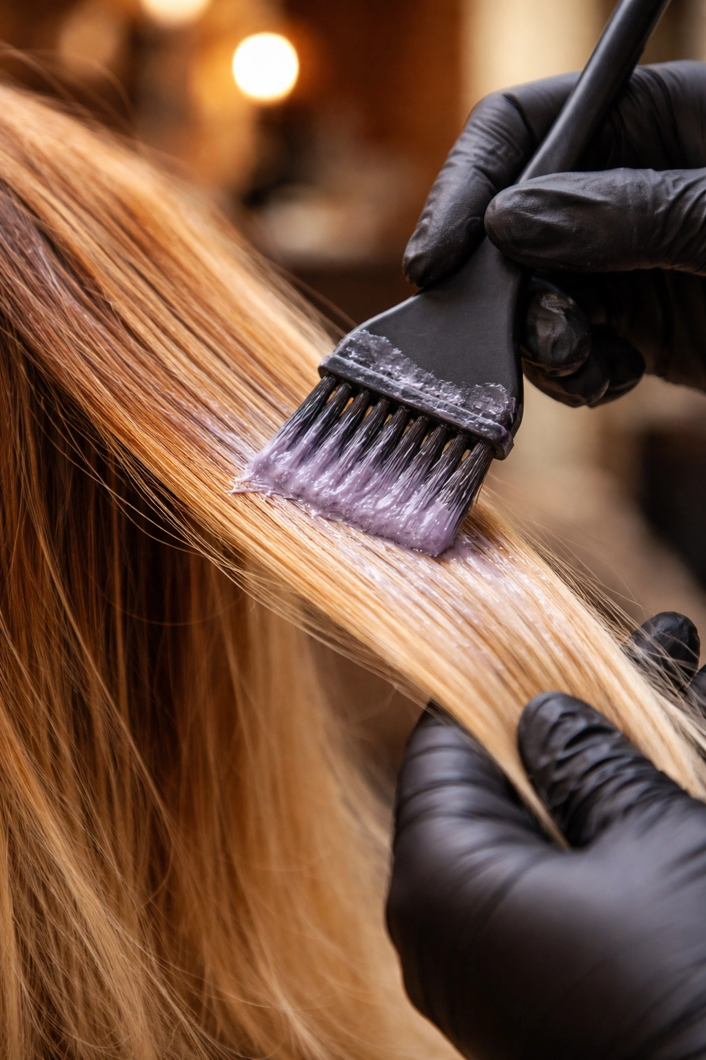Hair color correction close-up showing strand treated in salon