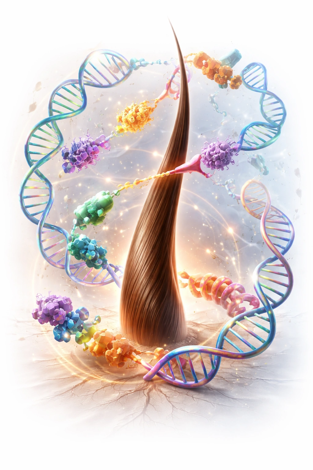 Abstract shapes representing multiple hair color genes interacting around a hair strand