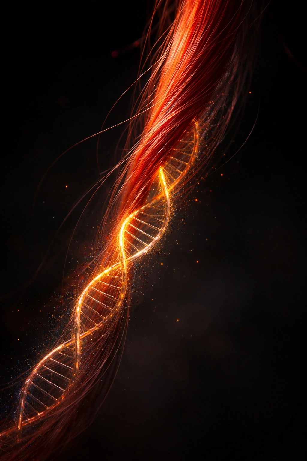 Close-up of a vivid red hair strand with a subtle DNA motif