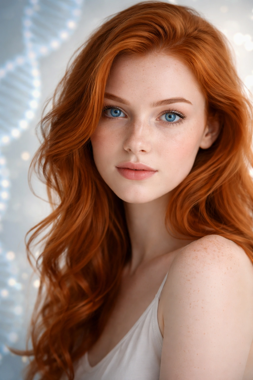 Red-haired blue-eyed portrait with abstract science-themed background.