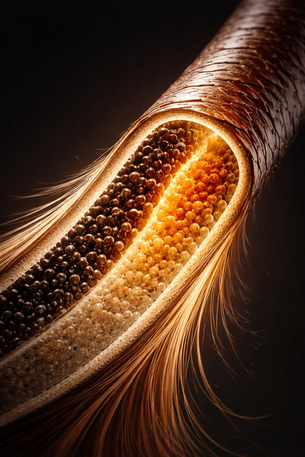 Macro close-up of a hair strand showing melanin gradient