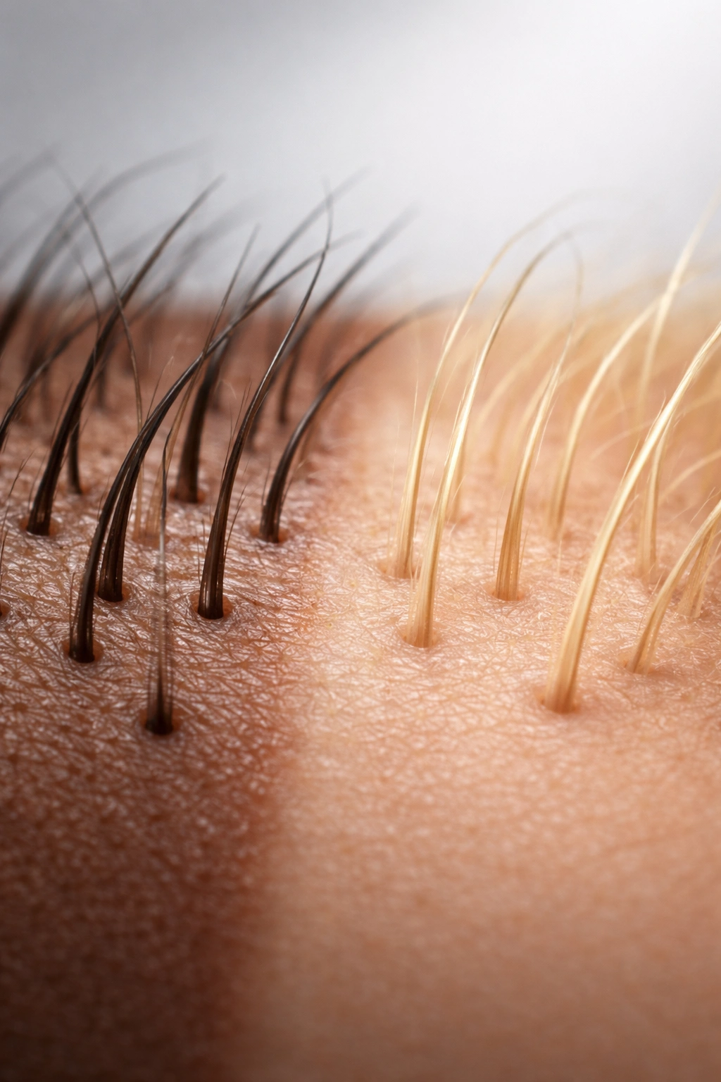Close-up skin with dark brown and blonde hairs illustrating hair color variation affecting laser treatment