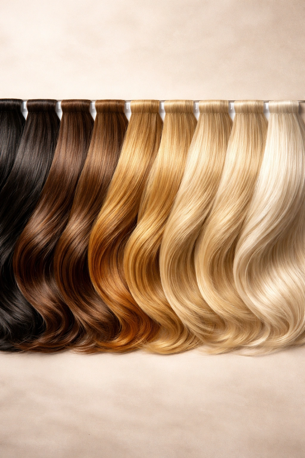 Row of hair color swatches from dark to light showing warm and cool undertones