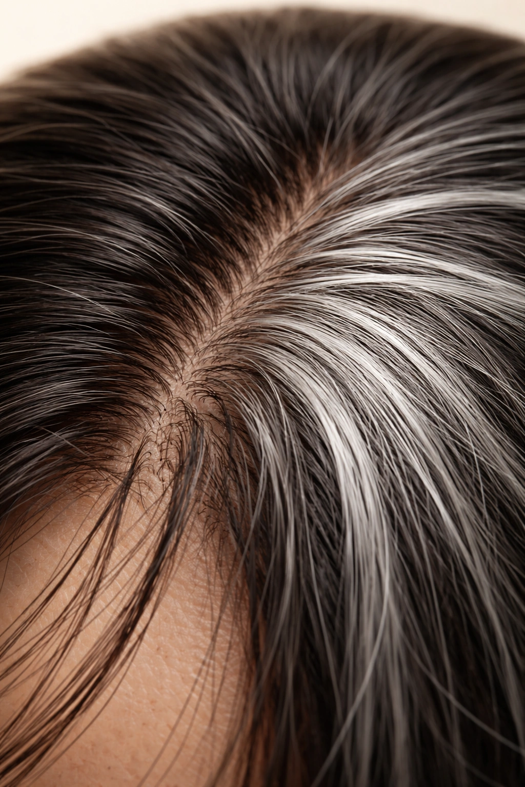 Close-up scalp with dark-to-gray hair showing melanin loss