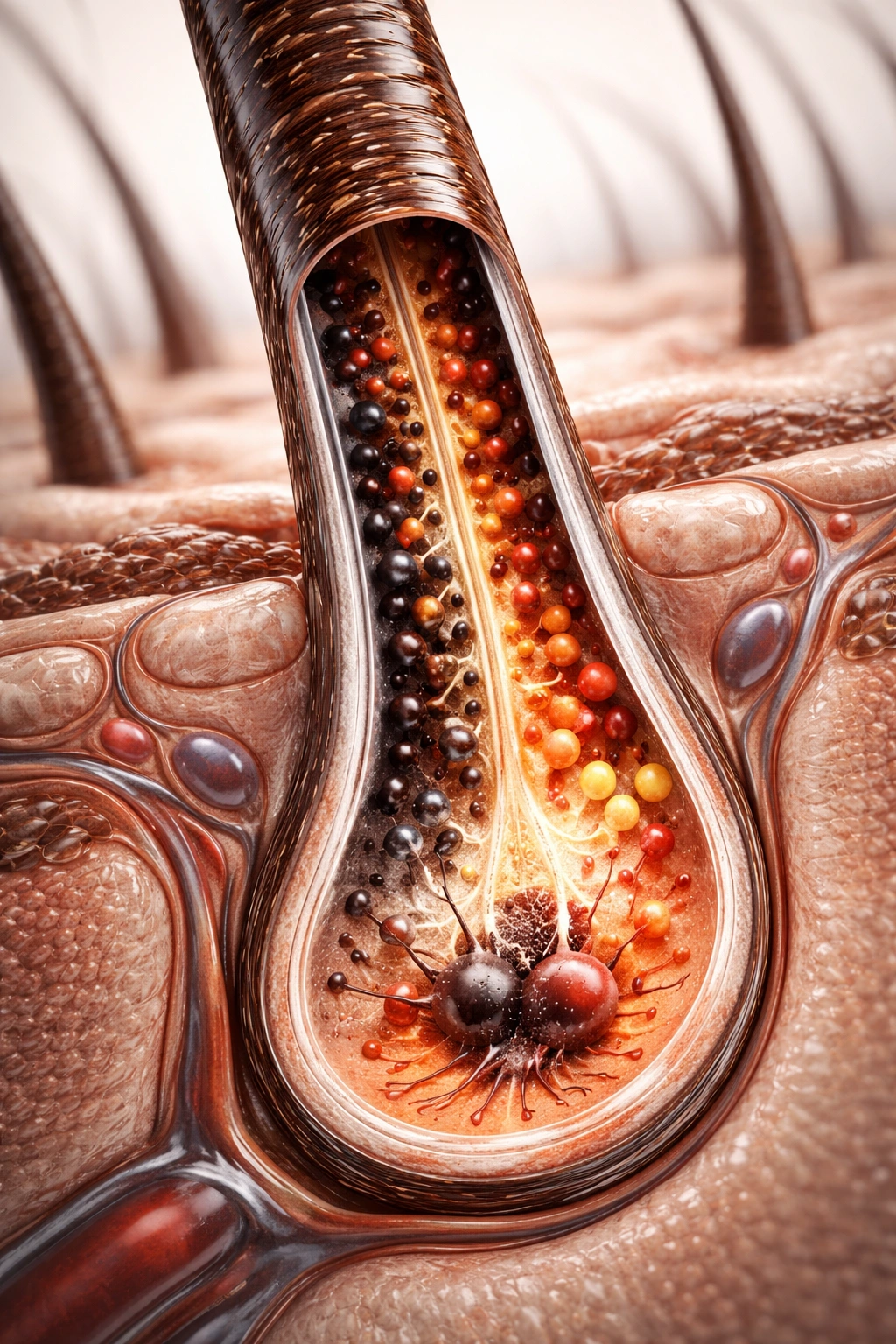 Macro cross-section of a hair follicle showing melanin pigment in the hair shaft
