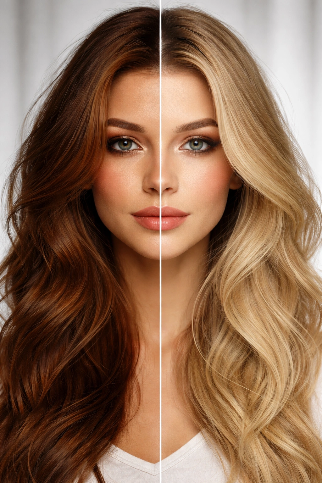 Split-face portrait showing an incorrect vs. better hair color choice to highlight mistakes