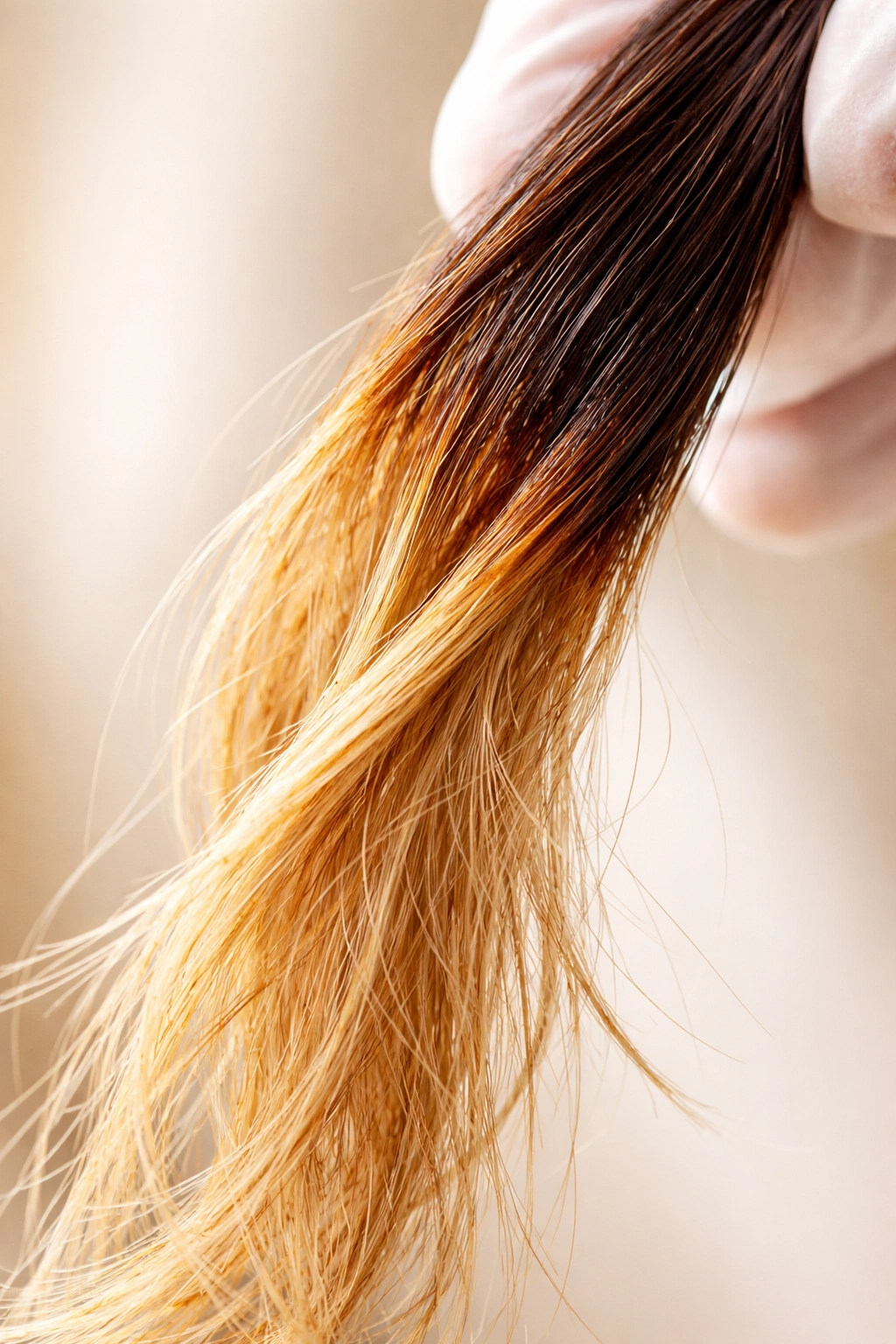 Close-up hair strand with uneven color illustrating common at-home dyeing mistakes
