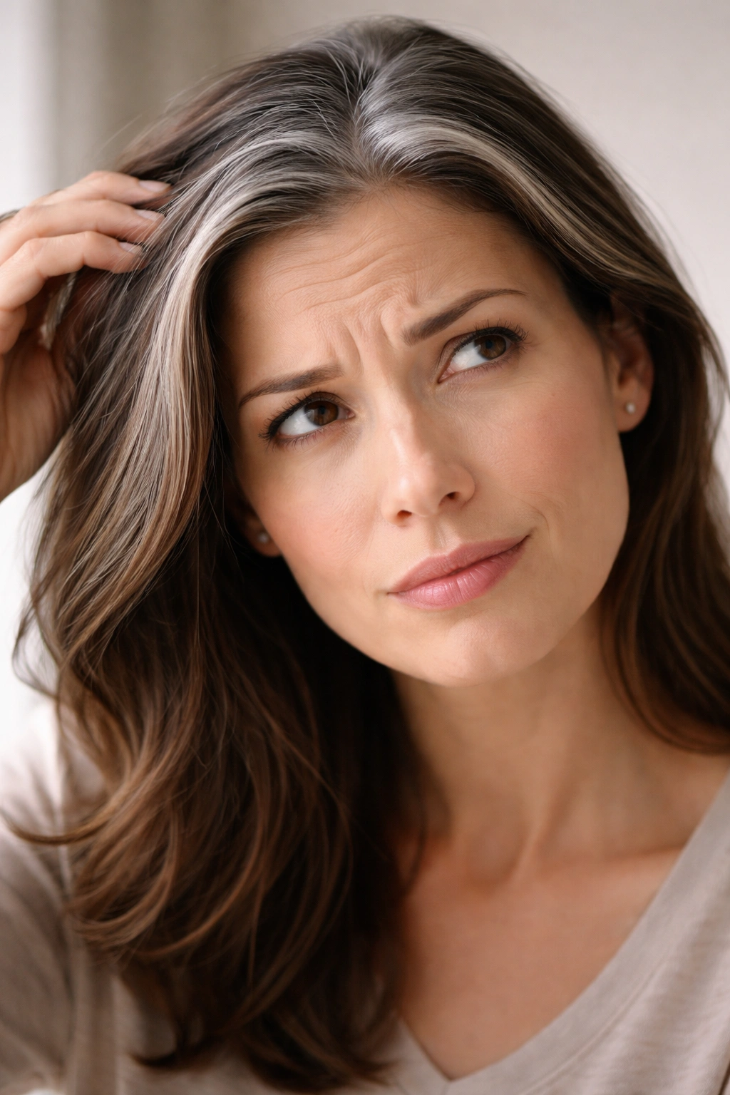Portrait of a person with gray hair contemplating hair color myths