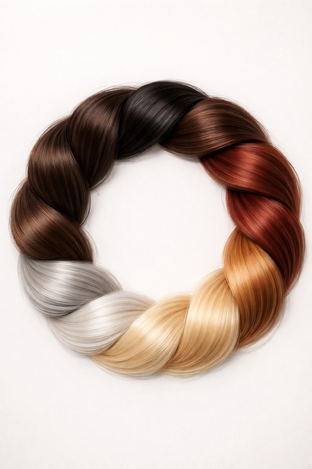 Hair color swatches in a circular palette displaying black, brunette, auburn, chestnut, gray, and white tones.