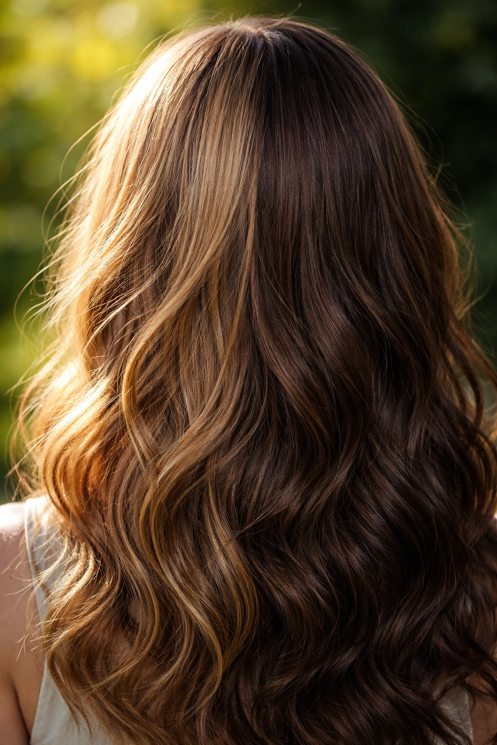 Close-up of hair with sunlit and shaded sections showing environmental color change