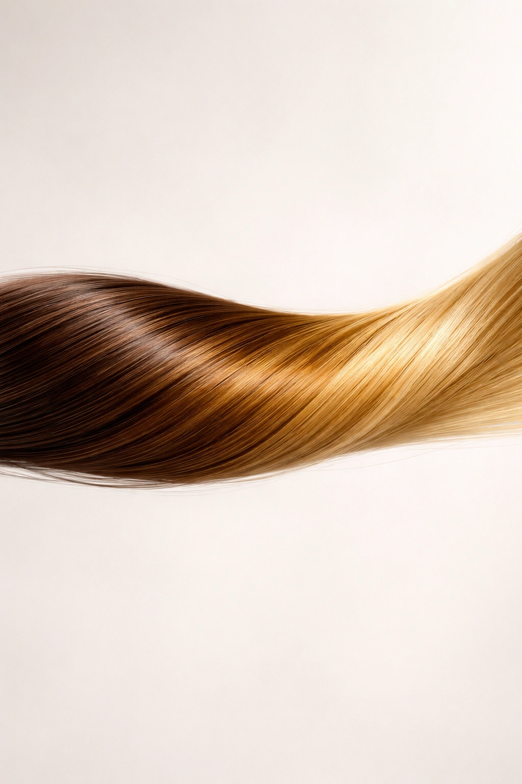 Hair strand gradient from dark brown to blonde illustrating potential color outcomes.