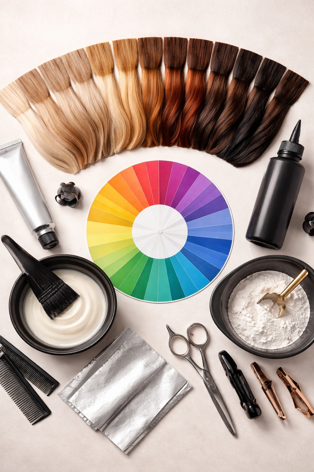 Flat-lay of hair color swatches and tools illustrating hair color price factors.