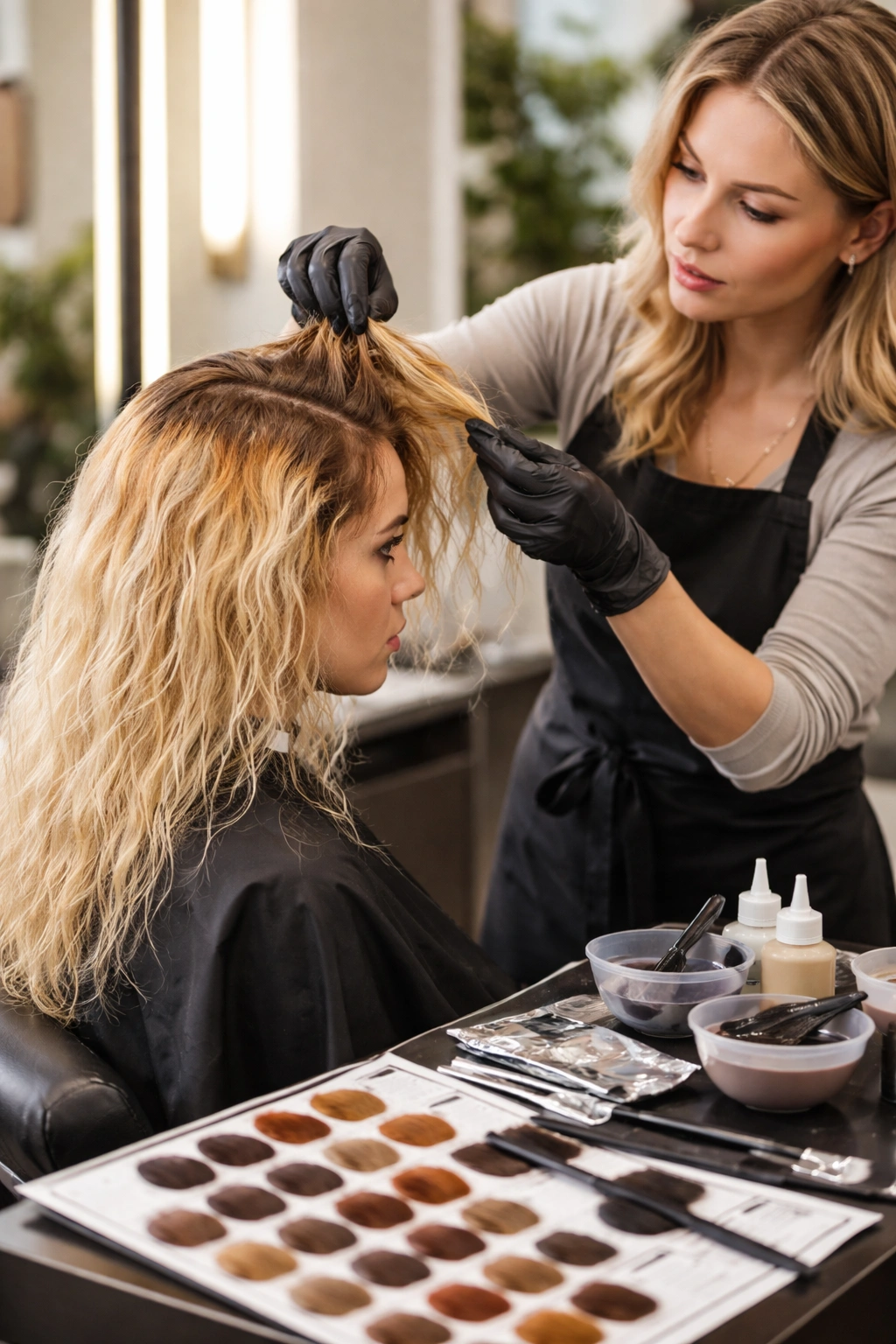 Professional hair colorist assessing hair color in a salon with color swatches