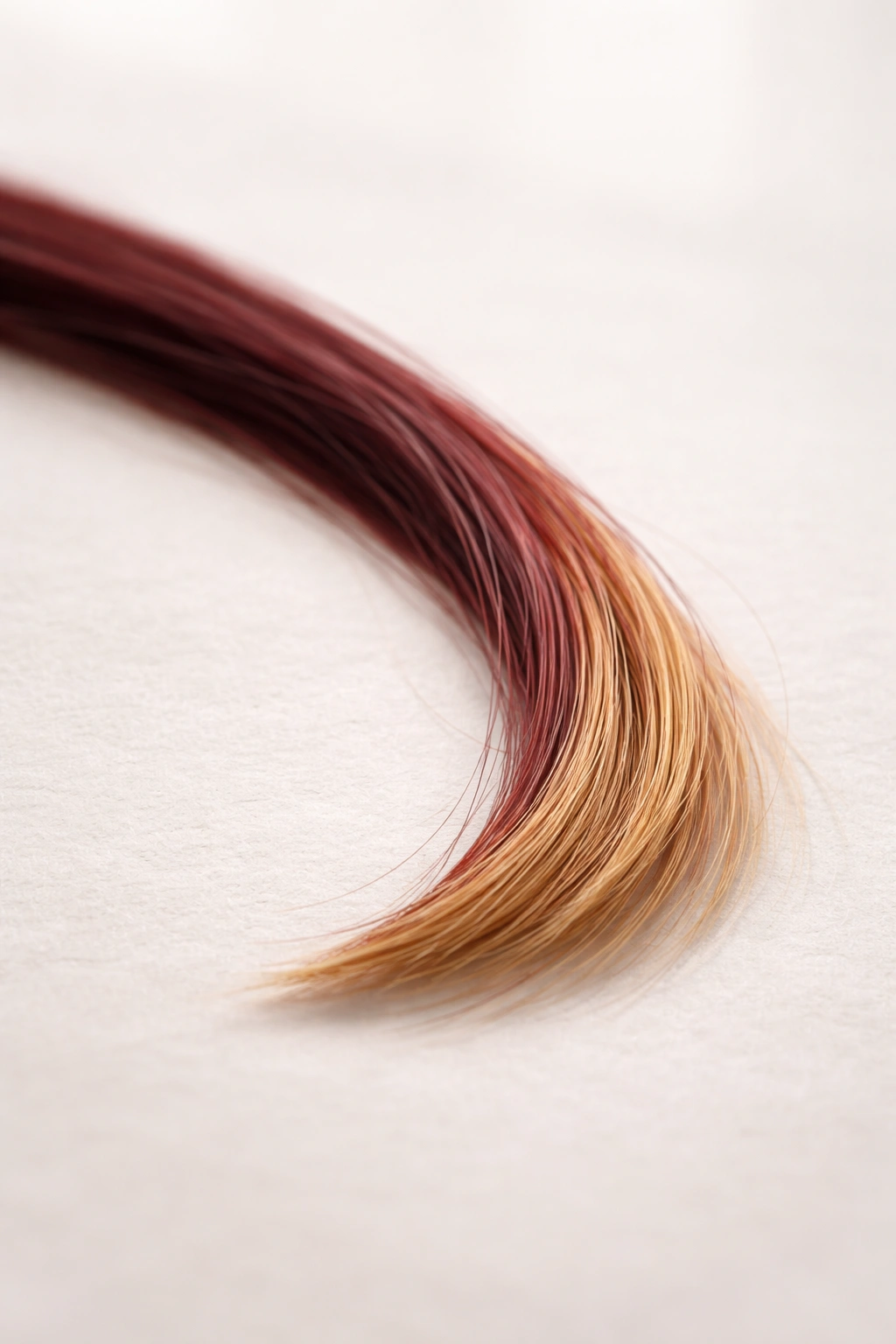 Close-up of a hair strand on a neutral surface indicating careful preparation before stripping color.