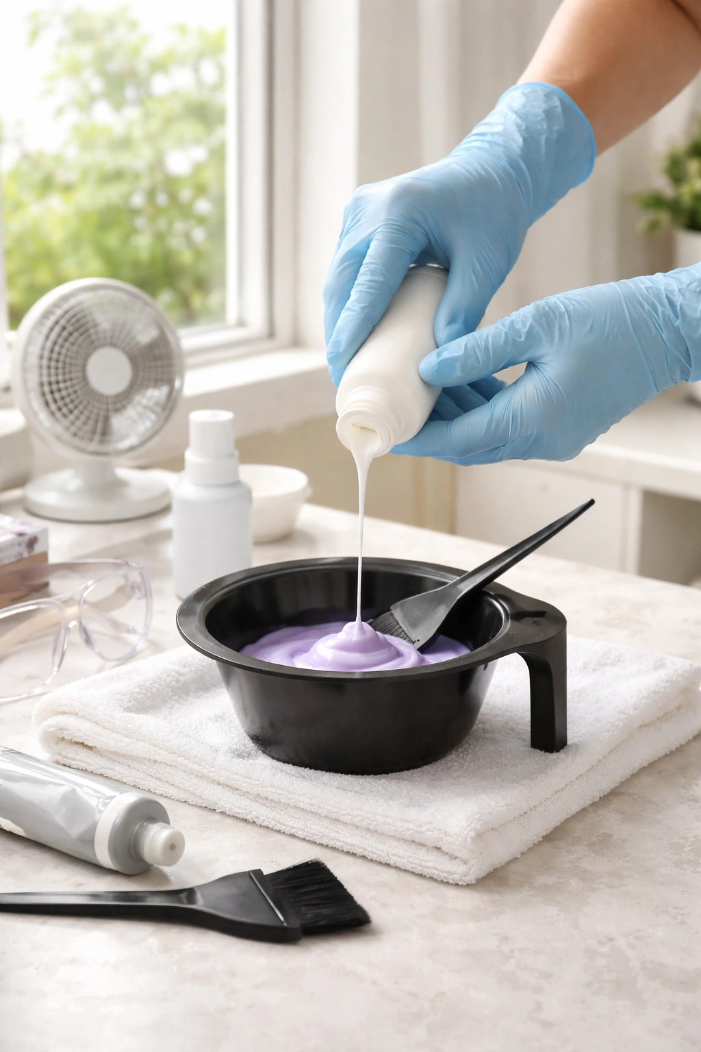 Gloved hands handling hair color in a ventilated space to illustrate safety practices