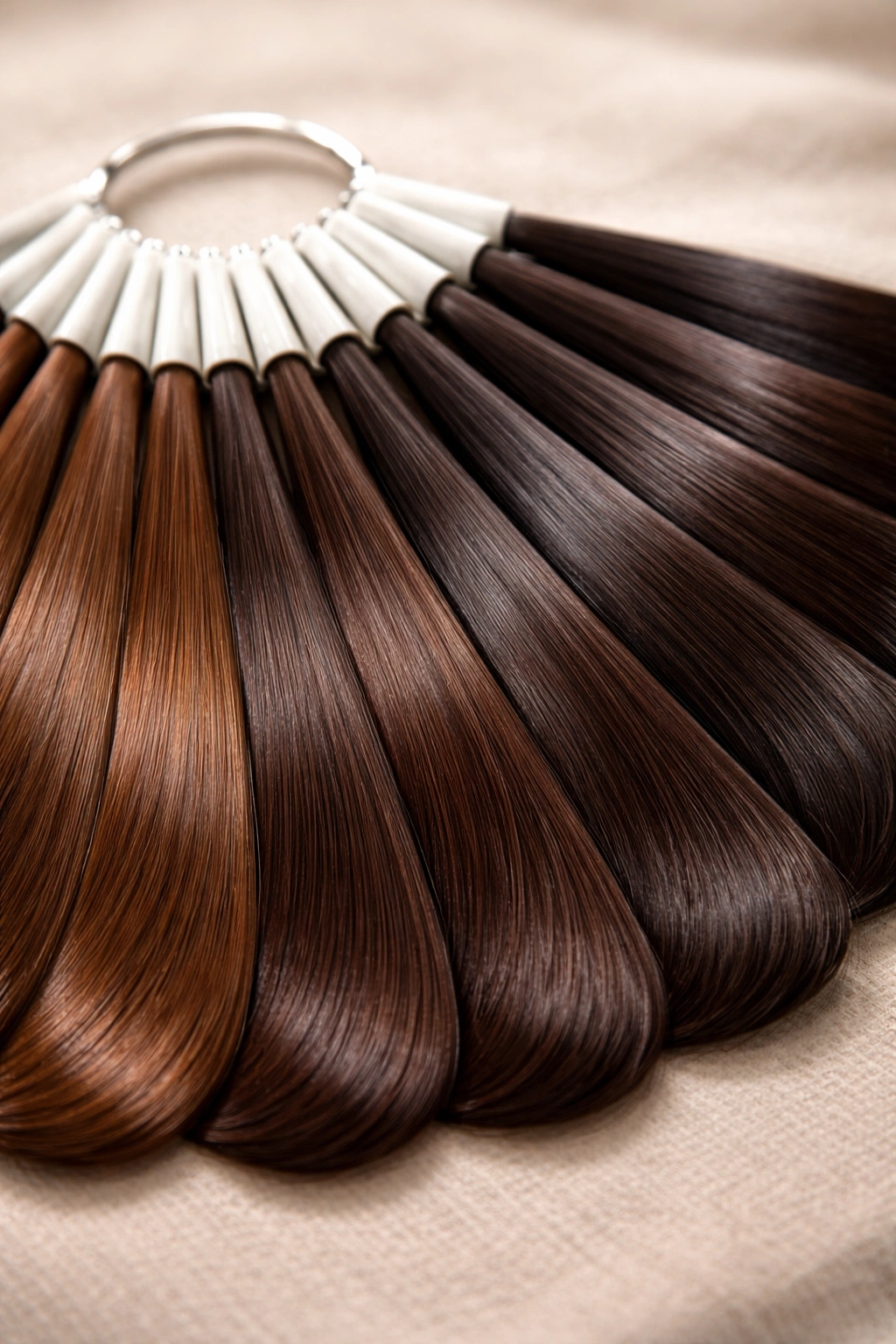 Close-up of chocolate brown hair color swatches showing warm and cool undertones for shade selection
