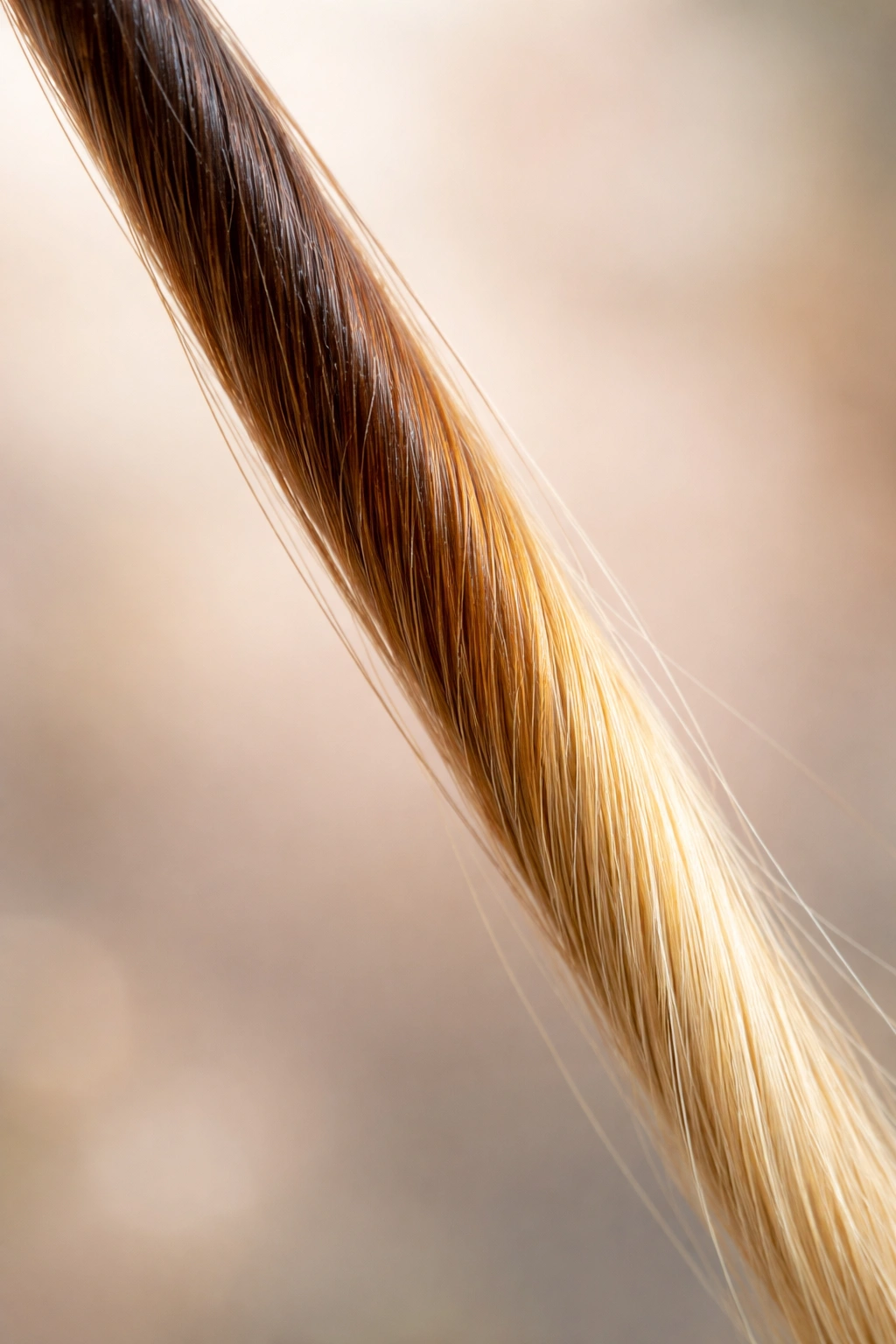 Macro hair strand showing color variation from dark brown to blonde