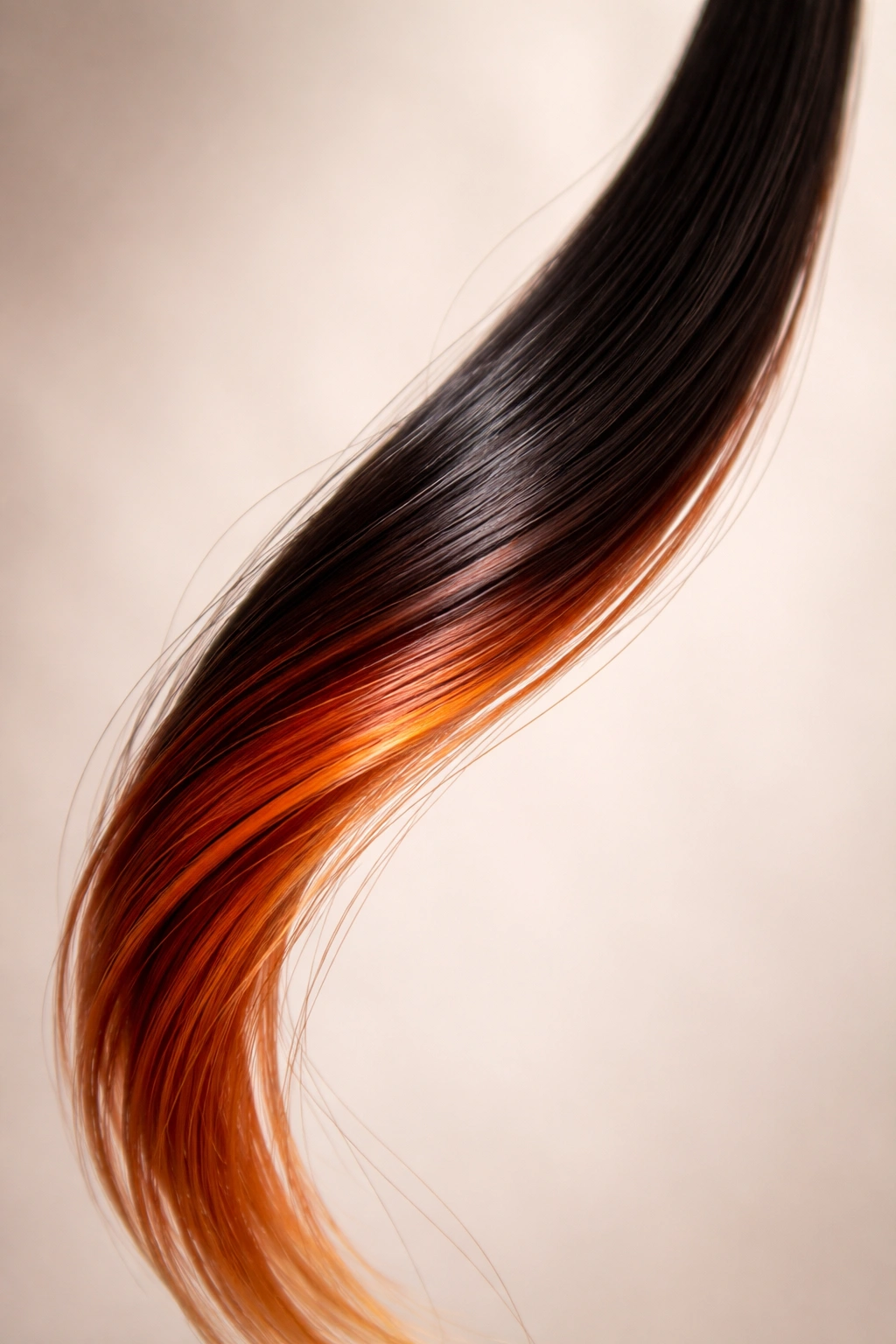 Close-up of a hair strand showing color progression from black to warm tones for at-home color stripping key takeaways