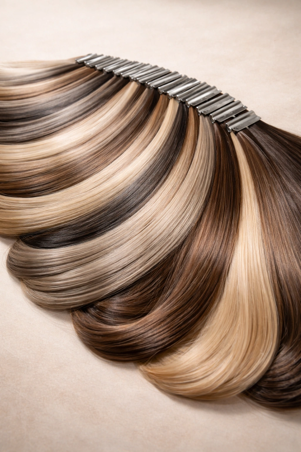 Hair color swatch fan with ash and beige tones for demi-permanent formulas