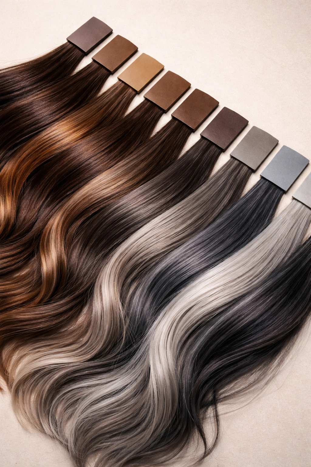 Close-up of hair color swatches from dark brown to cool grey, illustrating blending options for grey with dark brown