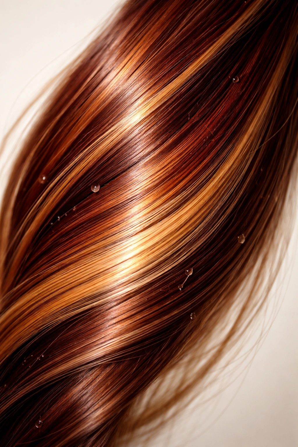 Color-treated hair strand with glossy color, isolated on neutral background