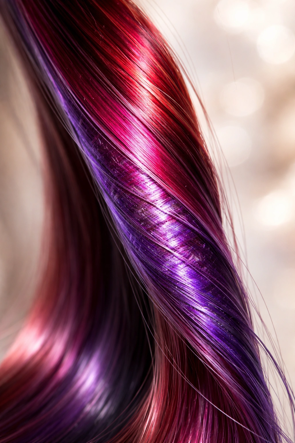 Close-up of a vibrant colored hair strand showing cuticle scales and color setting