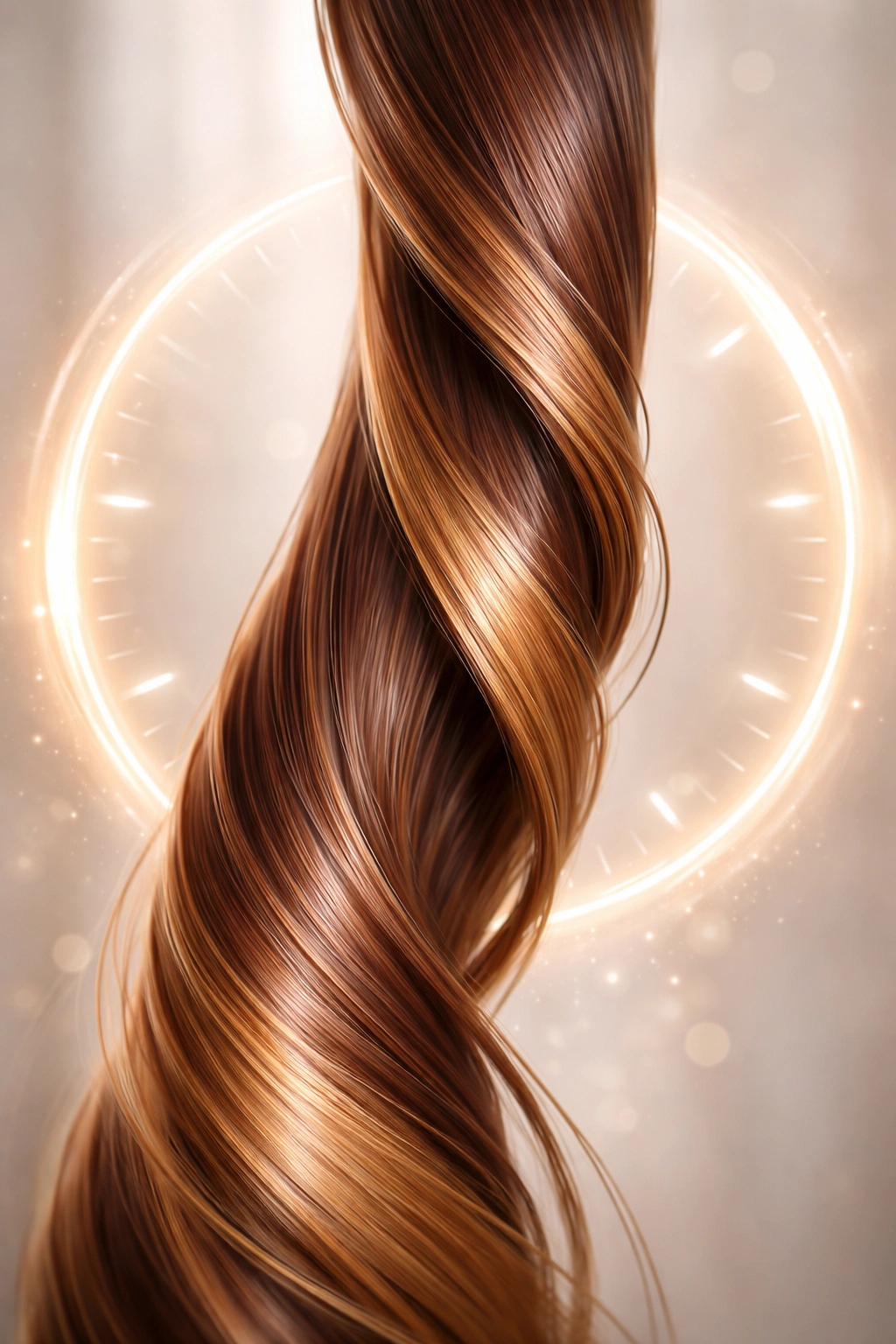 Hair with soft clock-like glow in background showing waiting period after coloring