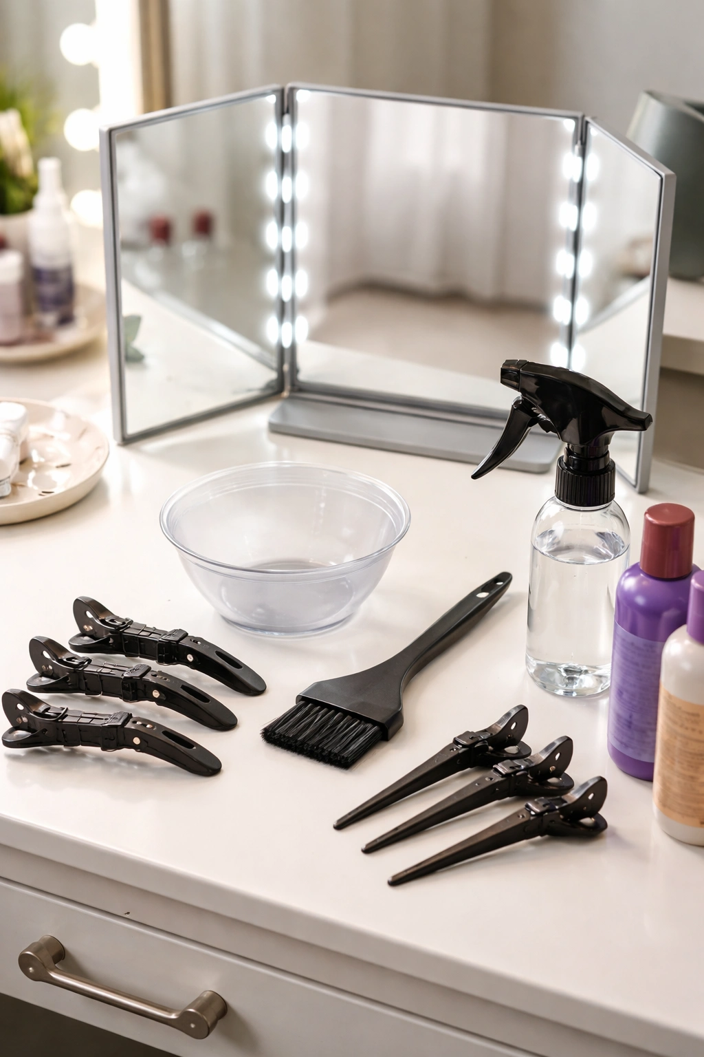 Salon tools including mirror, brush, clips, and spray bottle arranged on a vanity