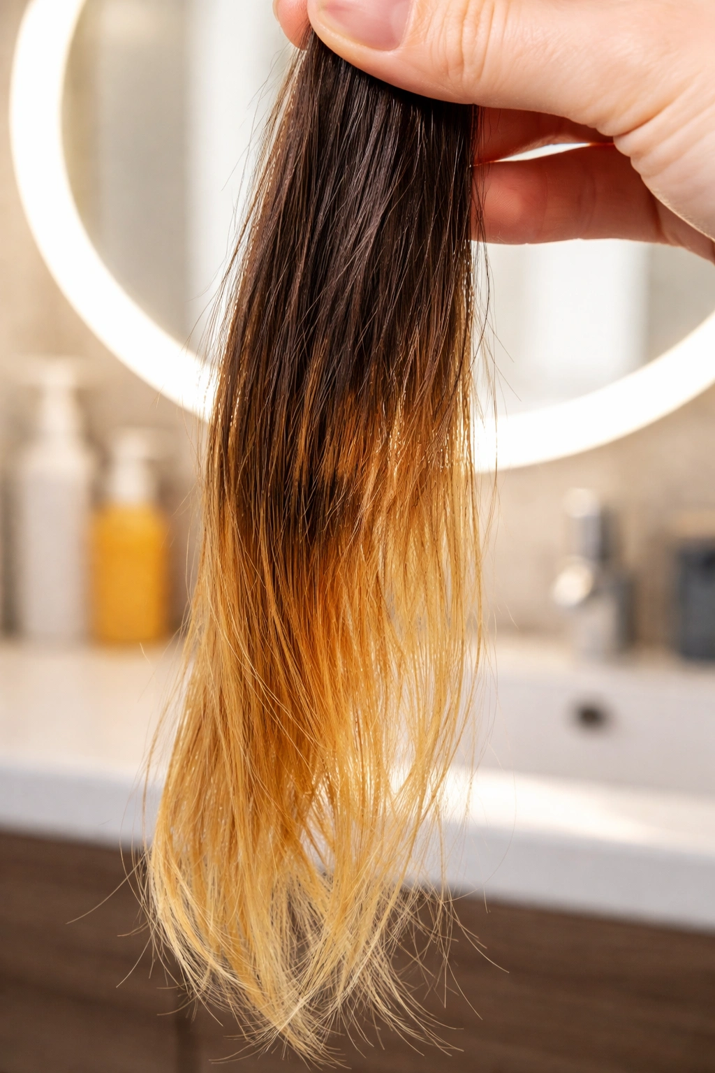 Uneven hair color patch showing tint gone wrong in a bathroom mirror