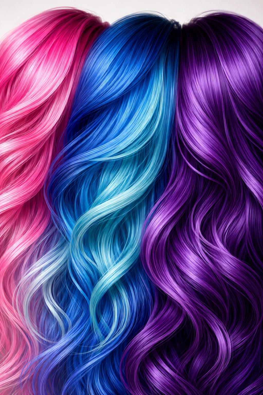 Close-up of fashion-colored hair with vibrant pink, blue, and purple tones, showcasing color variety