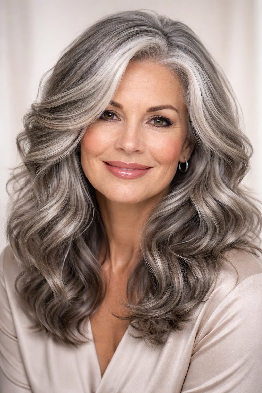 Hair color options with silver gray and ash highlights on waves
