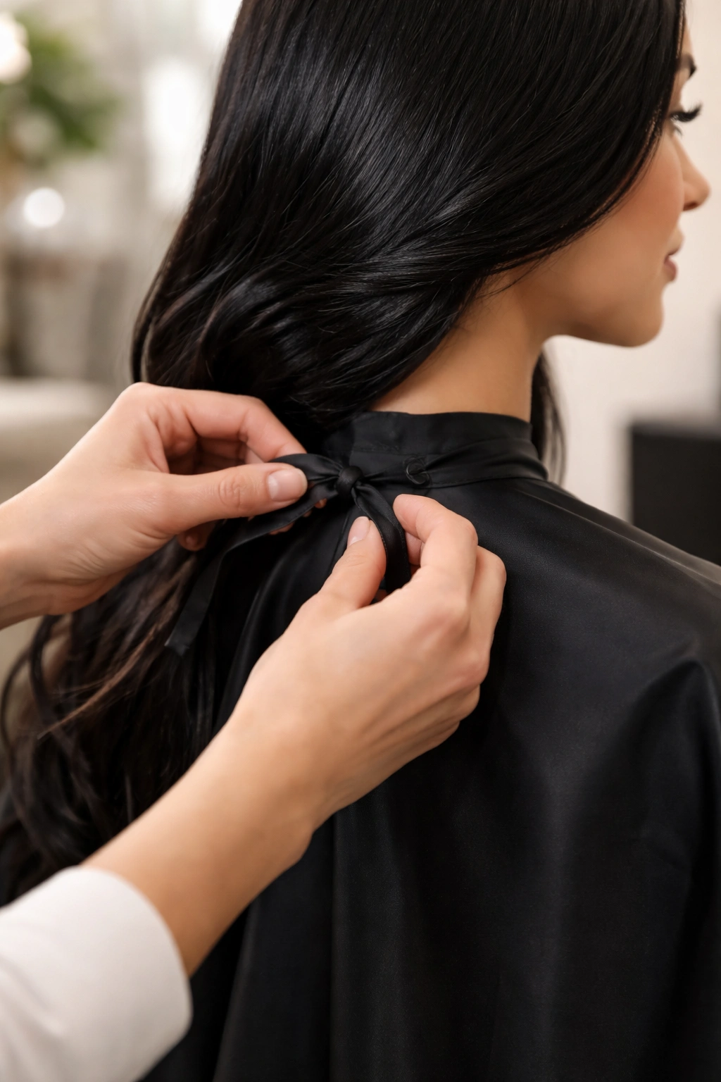 Close-up of hands tying a salon cape around a client's shoulders at the end of a hair color session