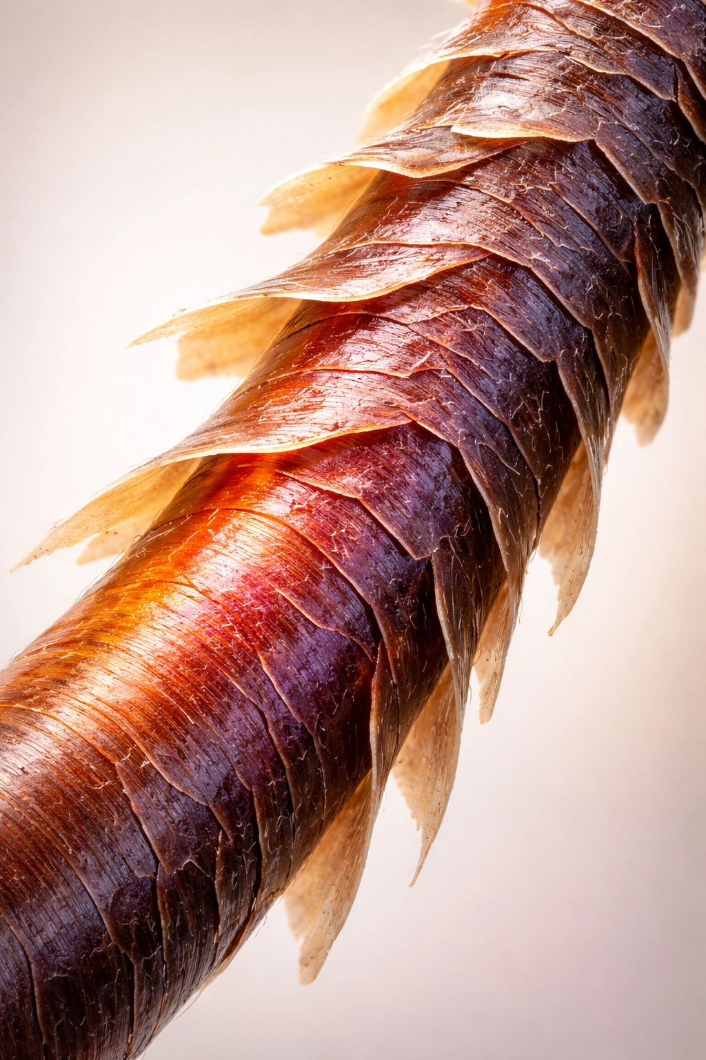 Close-up of hair strand cuticle with lifted scales and a hint of color from dye