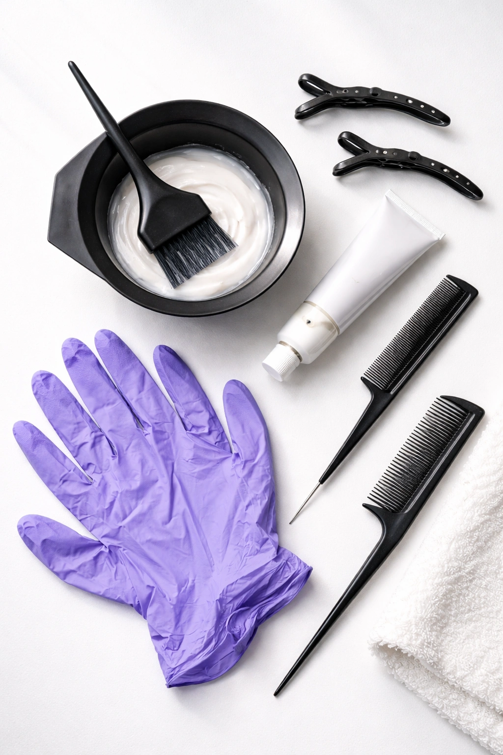 Flat lay of hair coloring tools and supplies