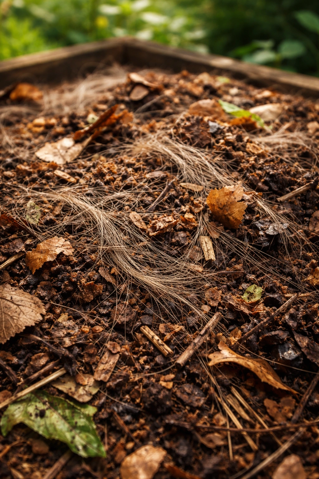 Hair strands dispersed in compost with leaves and wood chips