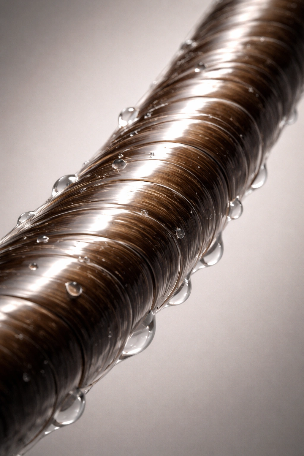Close-up of a single hair strand with a smooth, glossy cuticle and hydration