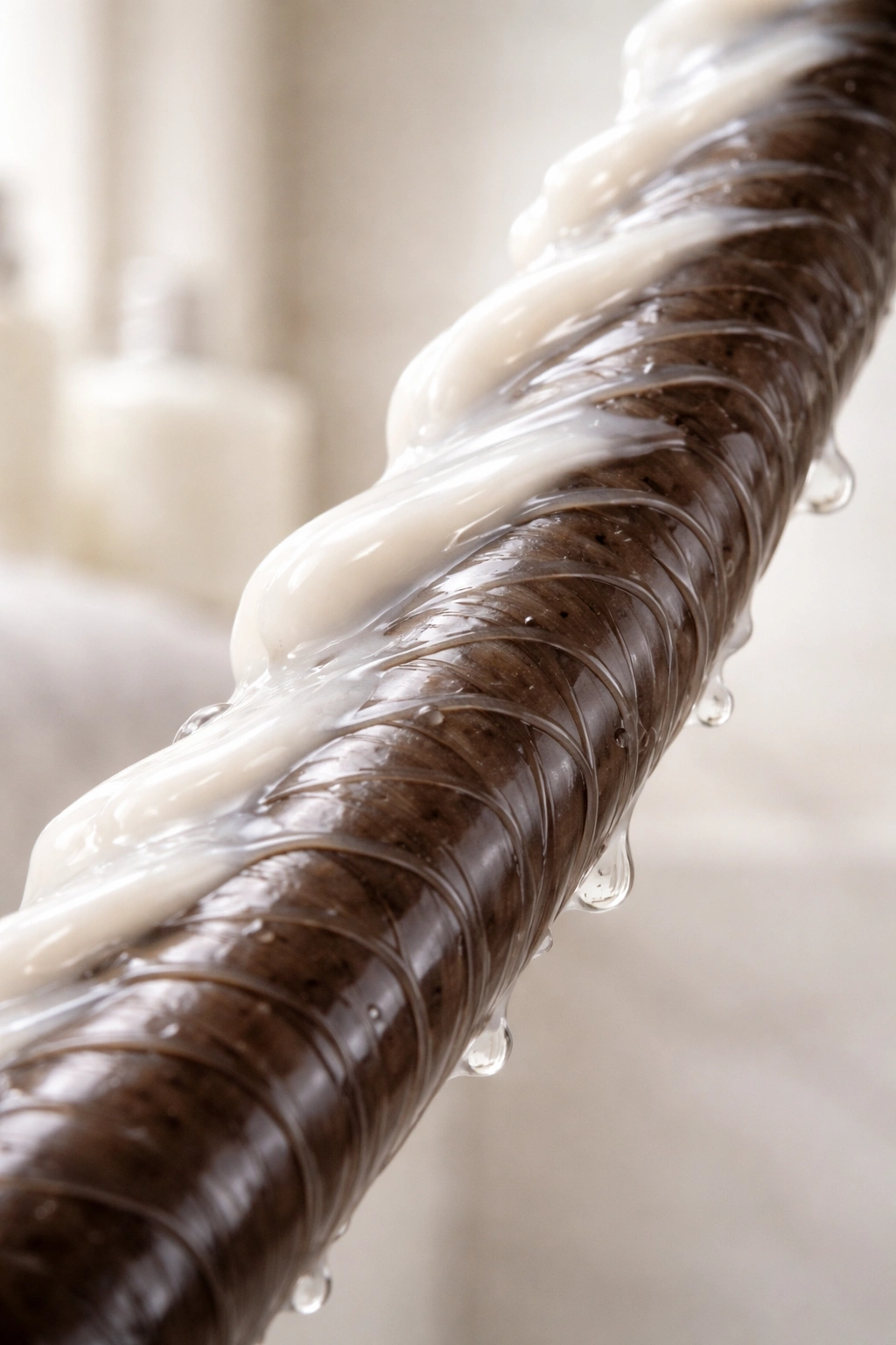 Macro close-up of hair strand with conditioner coating and smooth cuticles reflecting light